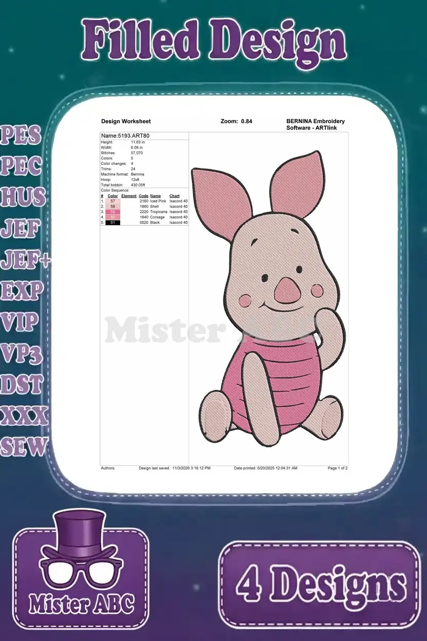 Detailed design worksheet for a sitting Piglet filled embroidery, showing stitch count and color sequence.