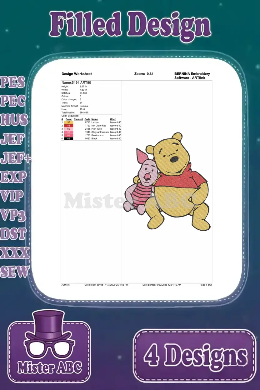 Design worksheet for Winnie the Pooh and Piglet sitting together, detailing stitch count and colors.
