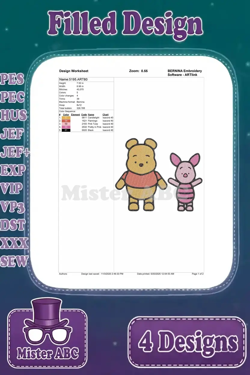 Design worksheet for Winnie the Pooh and Piglet standing together, detailing stitch count and colors.