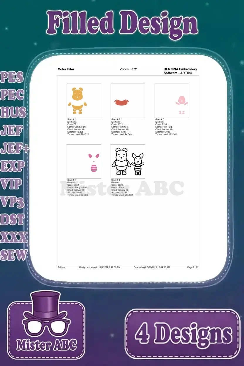 Color film breakdown for Winnie the Pooh and Piglet standing, detailing each stitch stop and thread color.