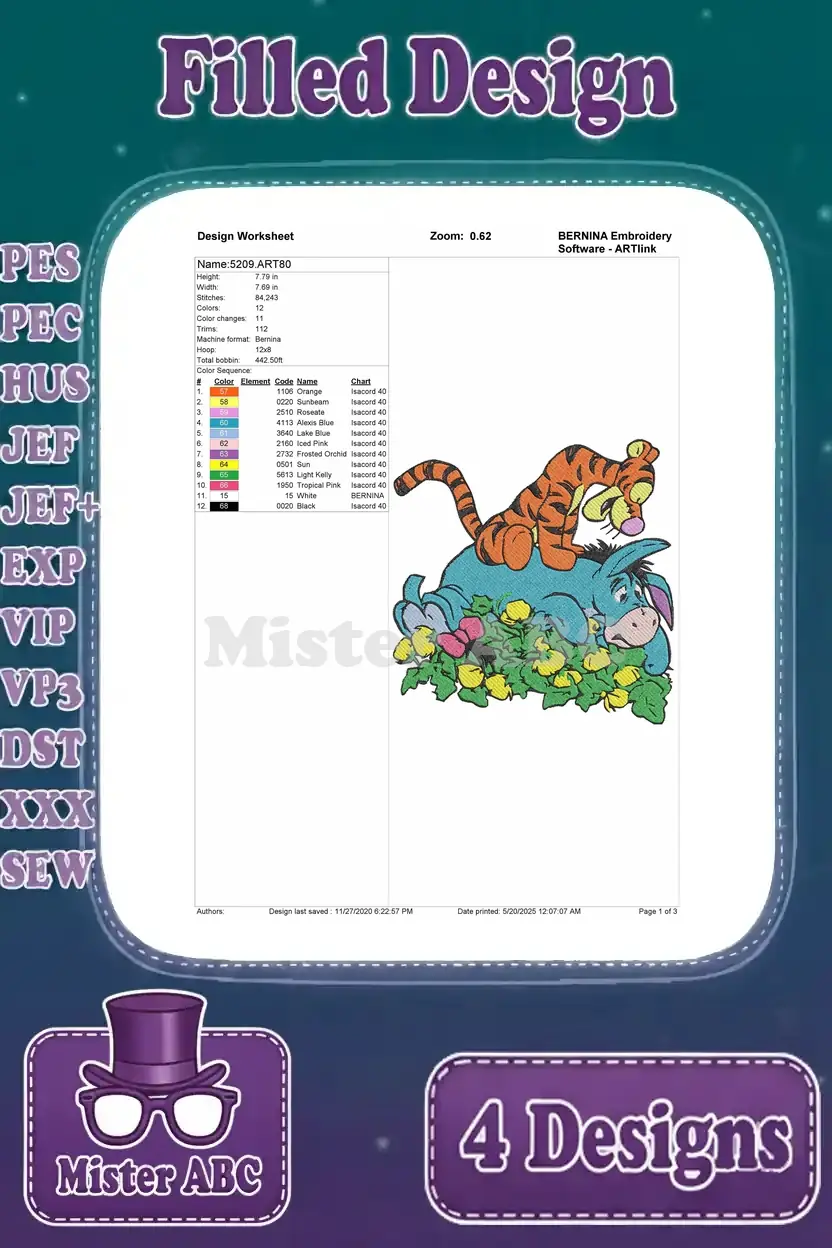 Embroidery design worksheet for Tigger riding Eeyore, showing stitches, colors, and hoop information.