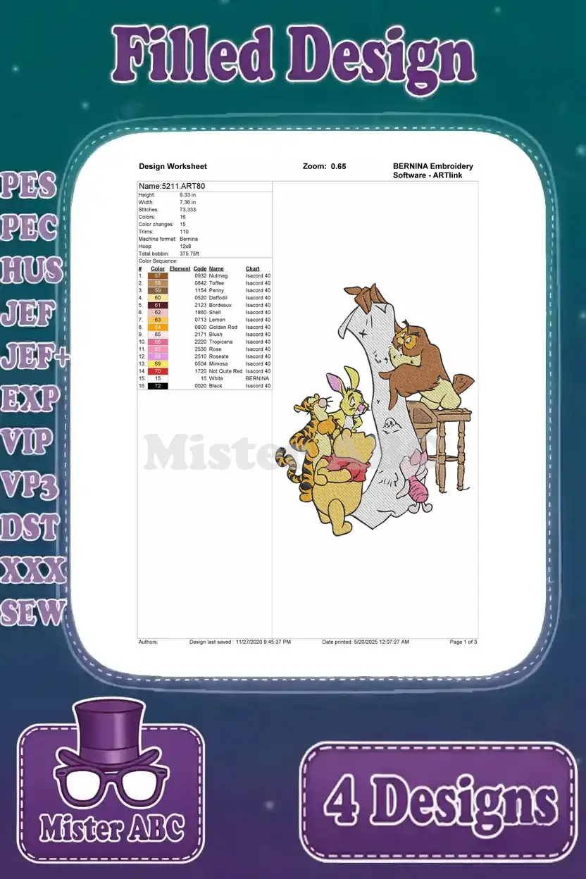 Detailed design worksheet for a filled embroidery of Winnie the Pooh, Piglet, Tigger, Rabbit, Gopher, and Owl.
