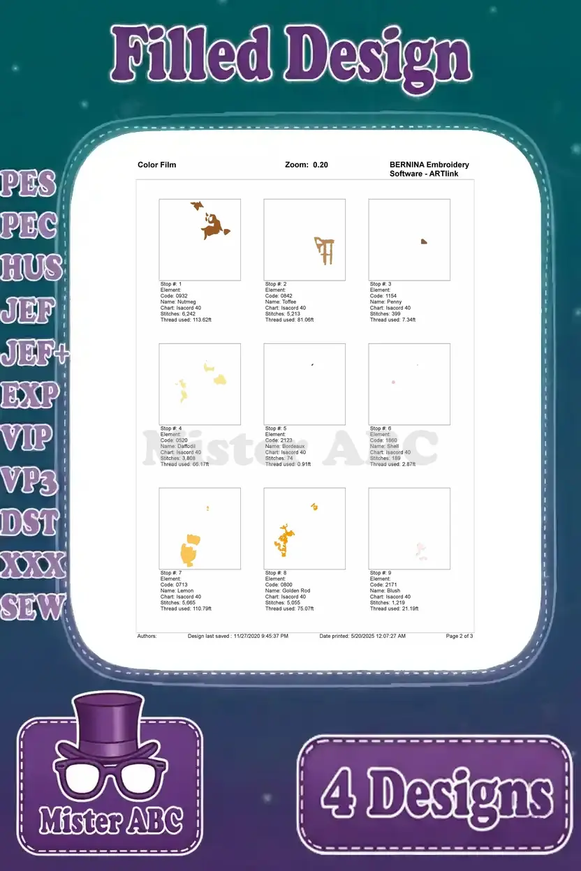 Color film sequence, page 2, illustrating thread application steps for the Pooh and friends scroll design.