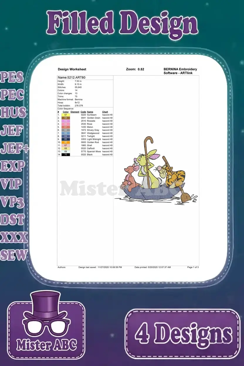 Detailed design worksheet for a filled embroidery of Tigger, Piglet, Rabbit, and Gopher in a charming boat scene.