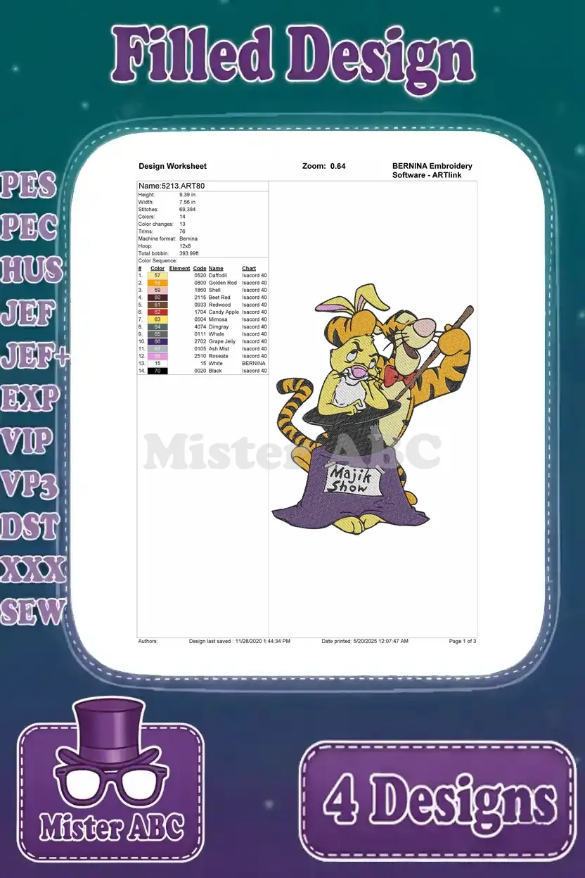 Detailed design worksheet for a filled embroidery of Tigger as a magician, with Rabbit and Pooh, in a 'Majik Show'.