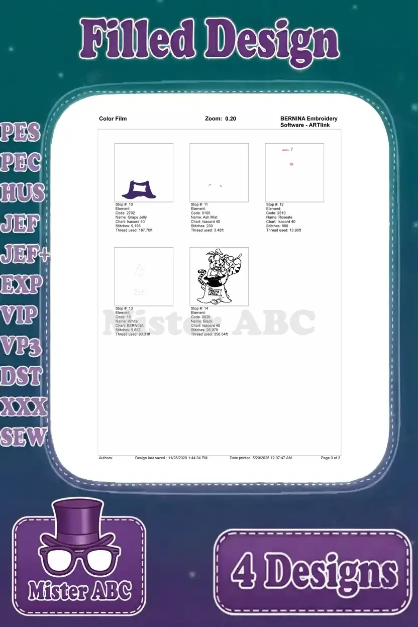 Color film sequence, page 3, illustrating thread application steps for Tigger's Majik Show design.