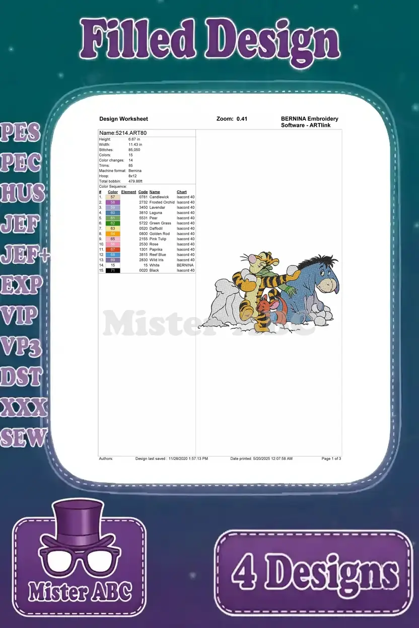 Detailed design worksheet for a filled embroidery of Tigger, Pooh, Eeyore, and Piglet in a snowy winter scene.