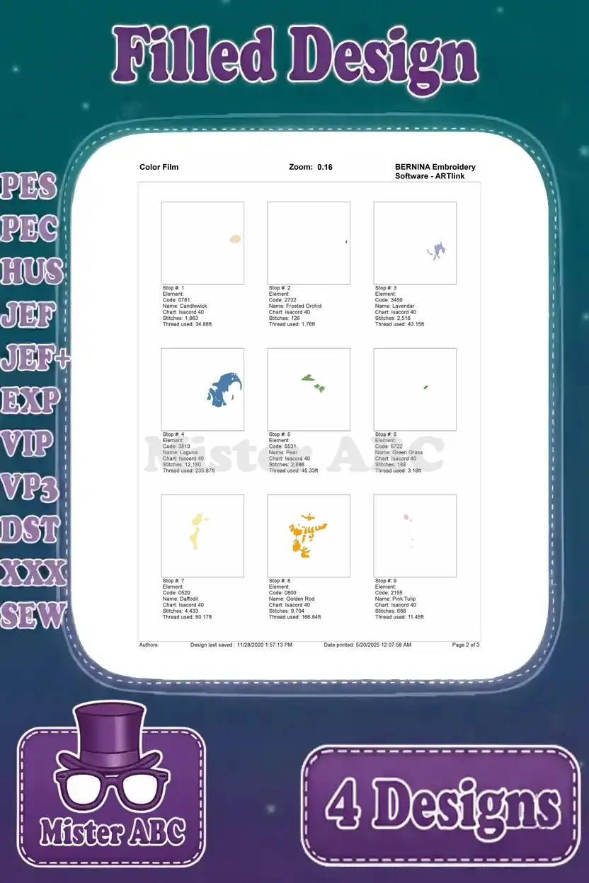 Color film sequence, page 2, illustrating thread application steps for the Pooh and friends winter design.