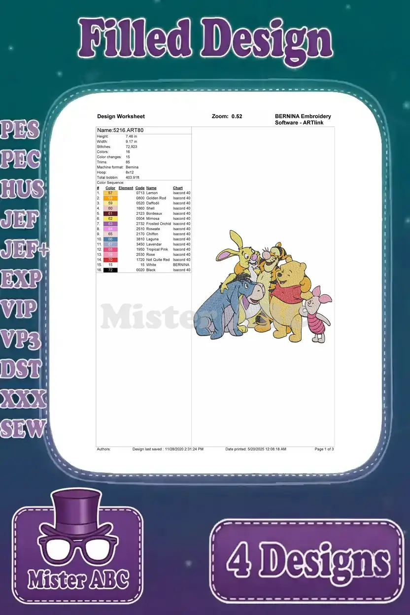 A detailed design worksheet for the Winnie the Pooh group embroidery, showing stitch count and color information.