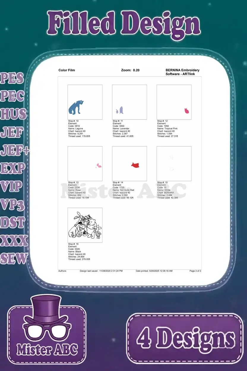 Page 3 of the color film for the Winnie the Pooh group embroidery design, detailing final thread stops.