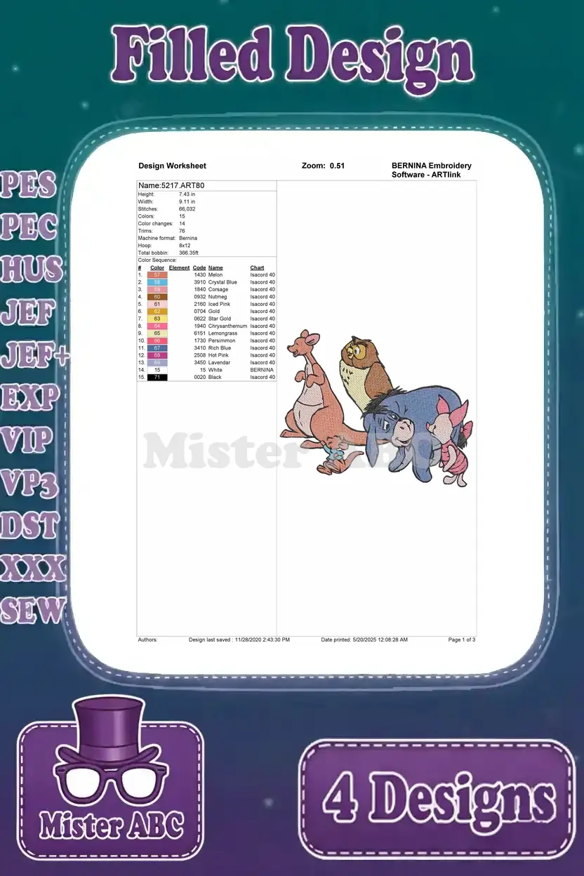 A comprehensive design worksheet for the Kanga, Owl, Eeyore, Piglet embroidery, detailing stitches and colors.