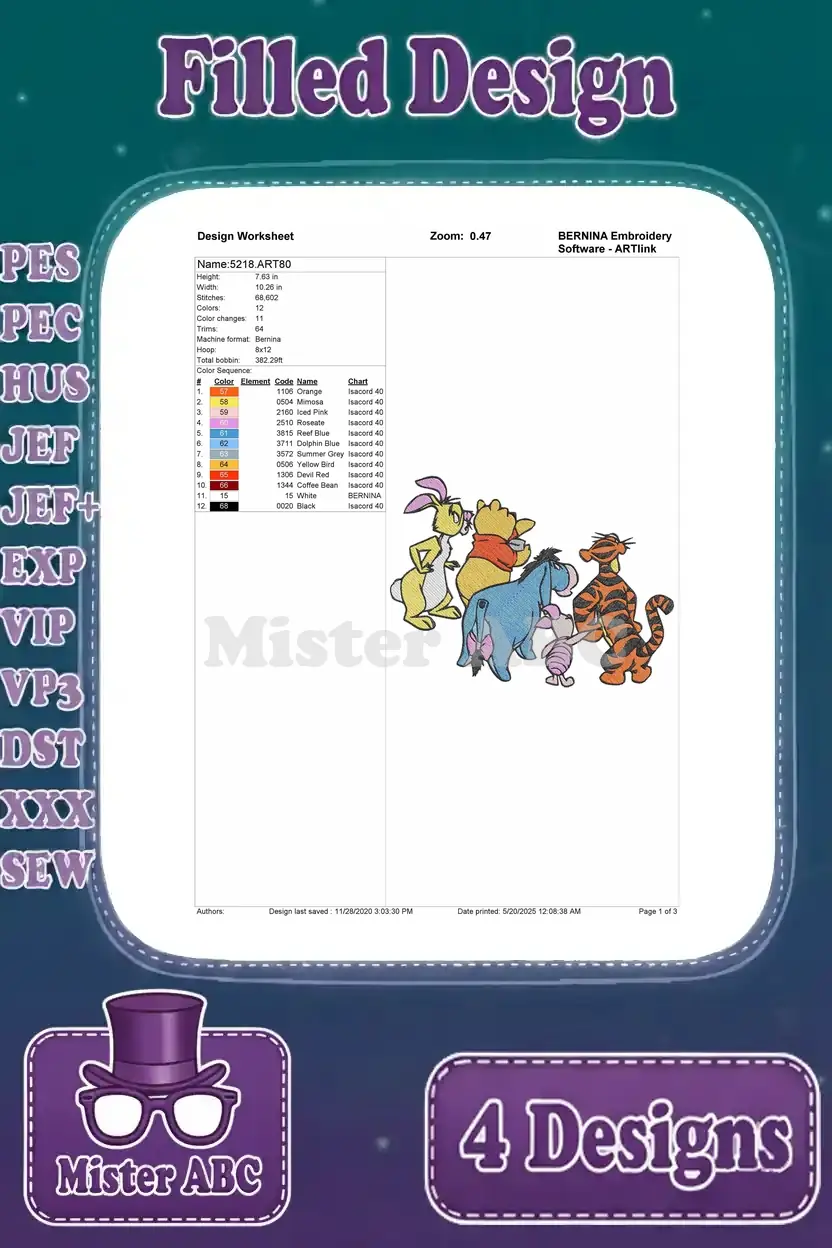 A detailed design worksheet for the Rabbit, Pooh, Eeyore, Tigger embroidery, showing stitch count and colors.