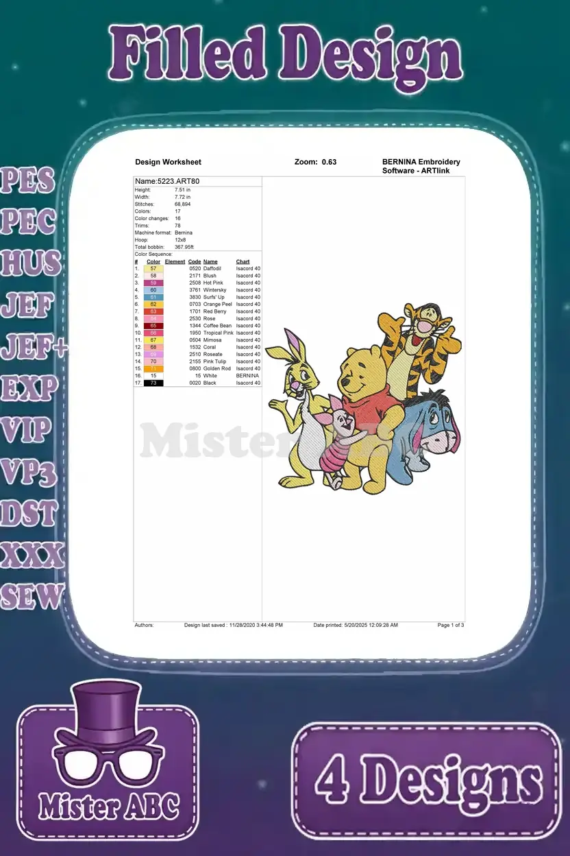 A design worksheet for a Winnie the Pooh embroidery design featuring Pooh, Tigger, Eeyore, Piglet, and Rabbit.