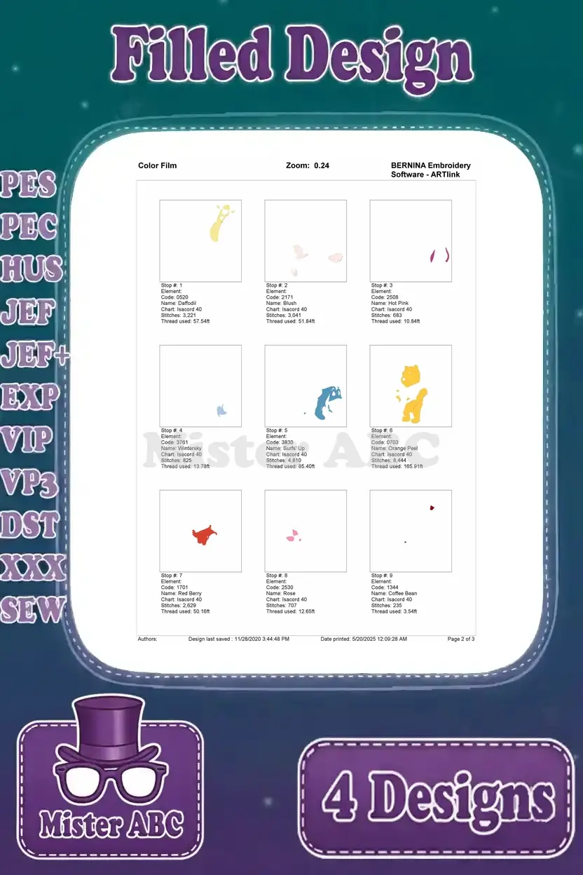 Color film page 1 for the first Winnie the Pooh embroidery design, showing thread stop details.