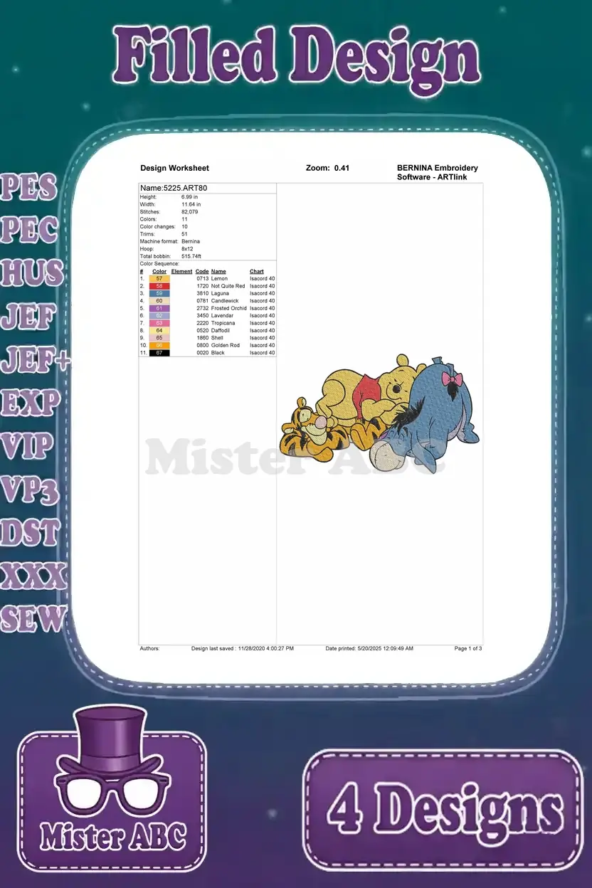 A design worksheet for Winnie the Pooh, Eeyore, and Tigger sleeping embroidery design.