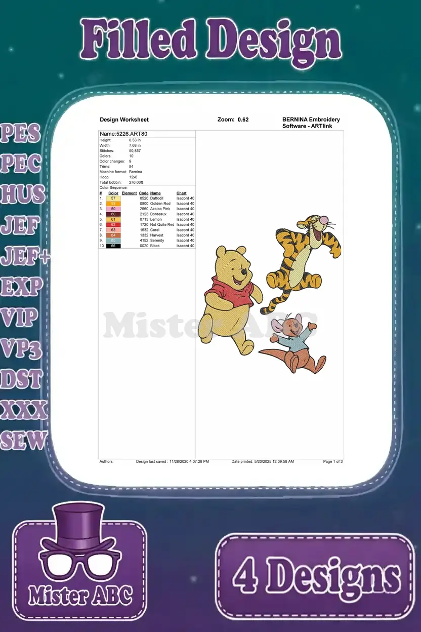A design worksheet for Winnie the Pooh, Tigger, and Roo embroidery design.