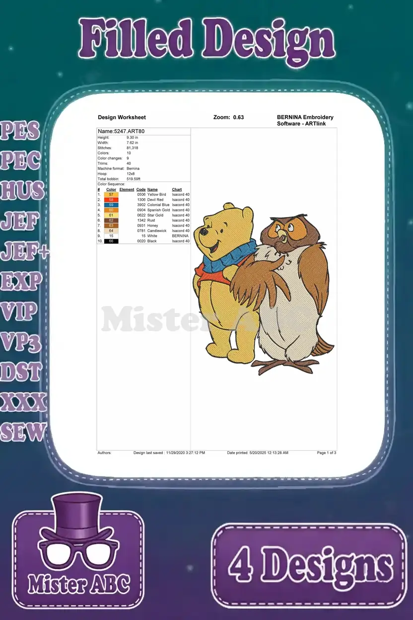 Detailed embroidery worksheet for Winnie the Pooh and Owl design, showing stitch count, colors, and thread chart.