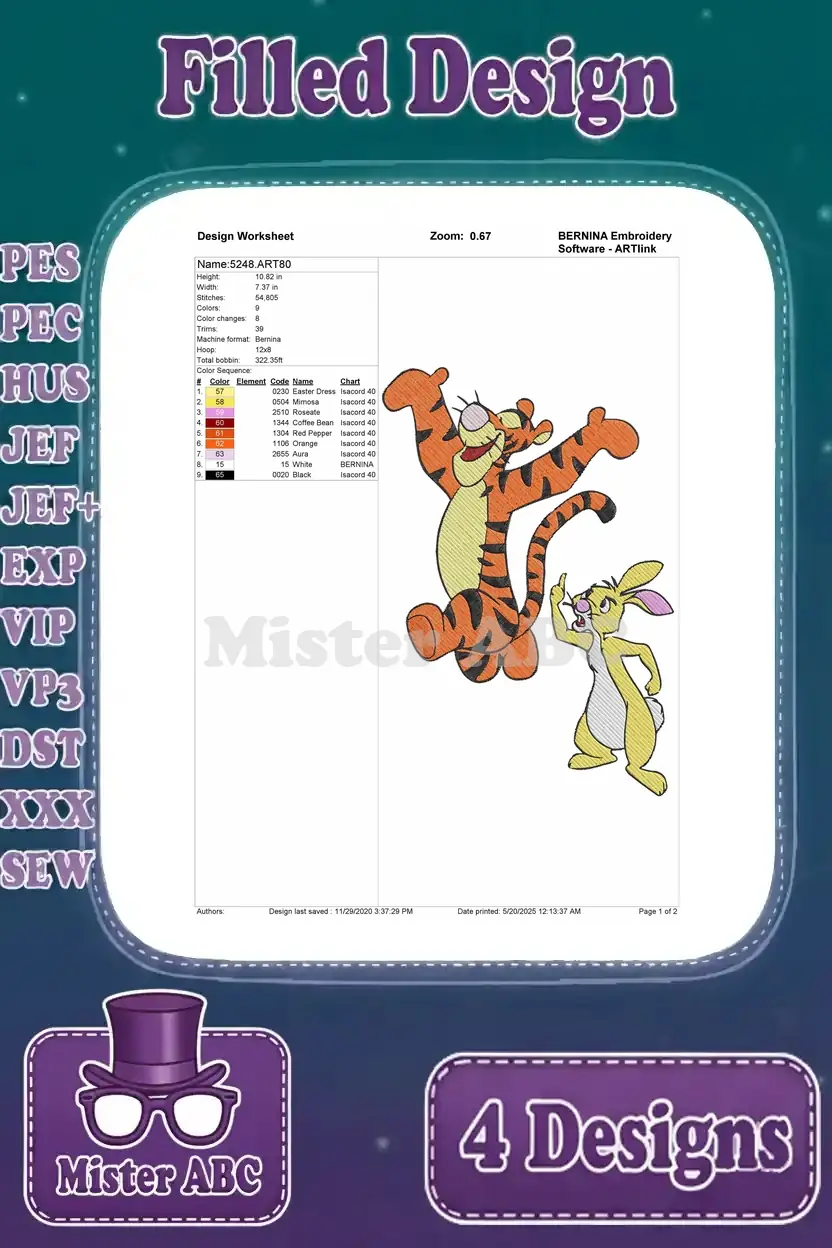 Detailed embroidery worksheet for Tigger and Rabbit design, showing stitch count, colors, and thread chart.