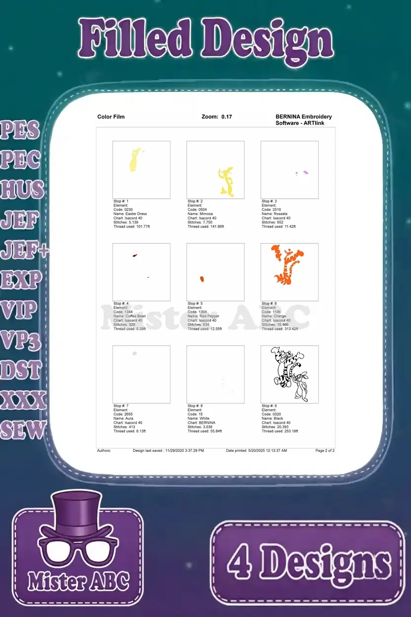 Color film for the Tigger and Rabbit embroidery design, illustrating the complete thread sequencing.