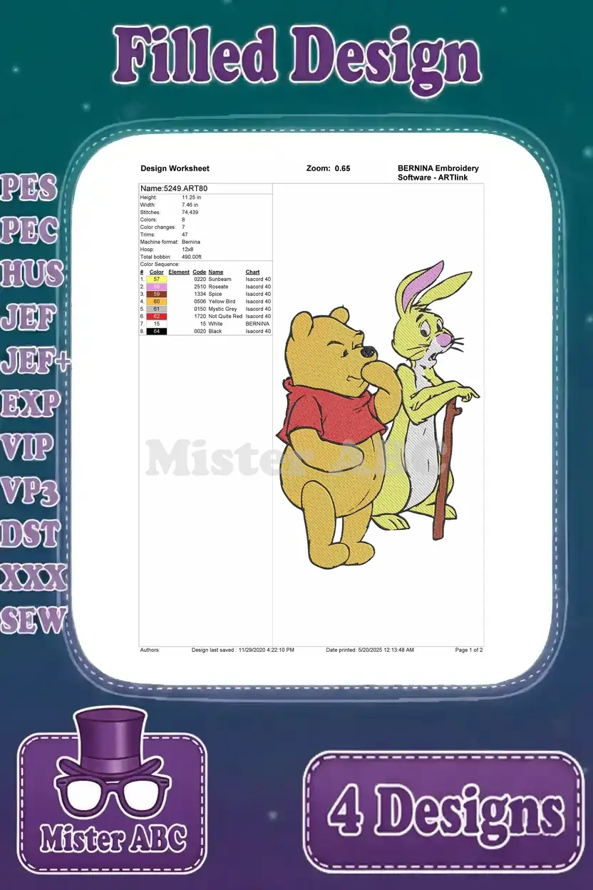 Detailed embroidery worksheet for Winnie the Pooh and Rabbit design, showing stitch count, colors, and thread chart.
