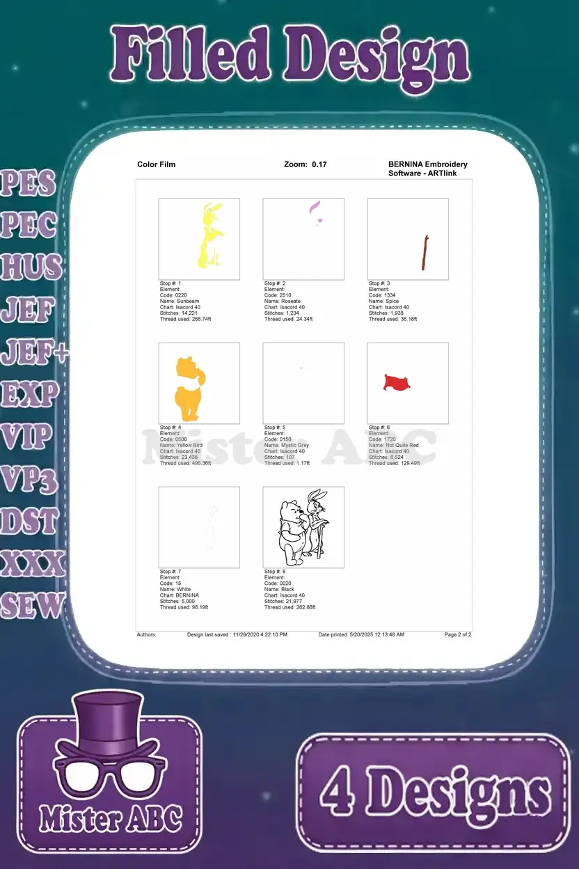 Color film for the Winnie the Pooh and Rabbit embroidery design, illustrating the complete thread sequencing.