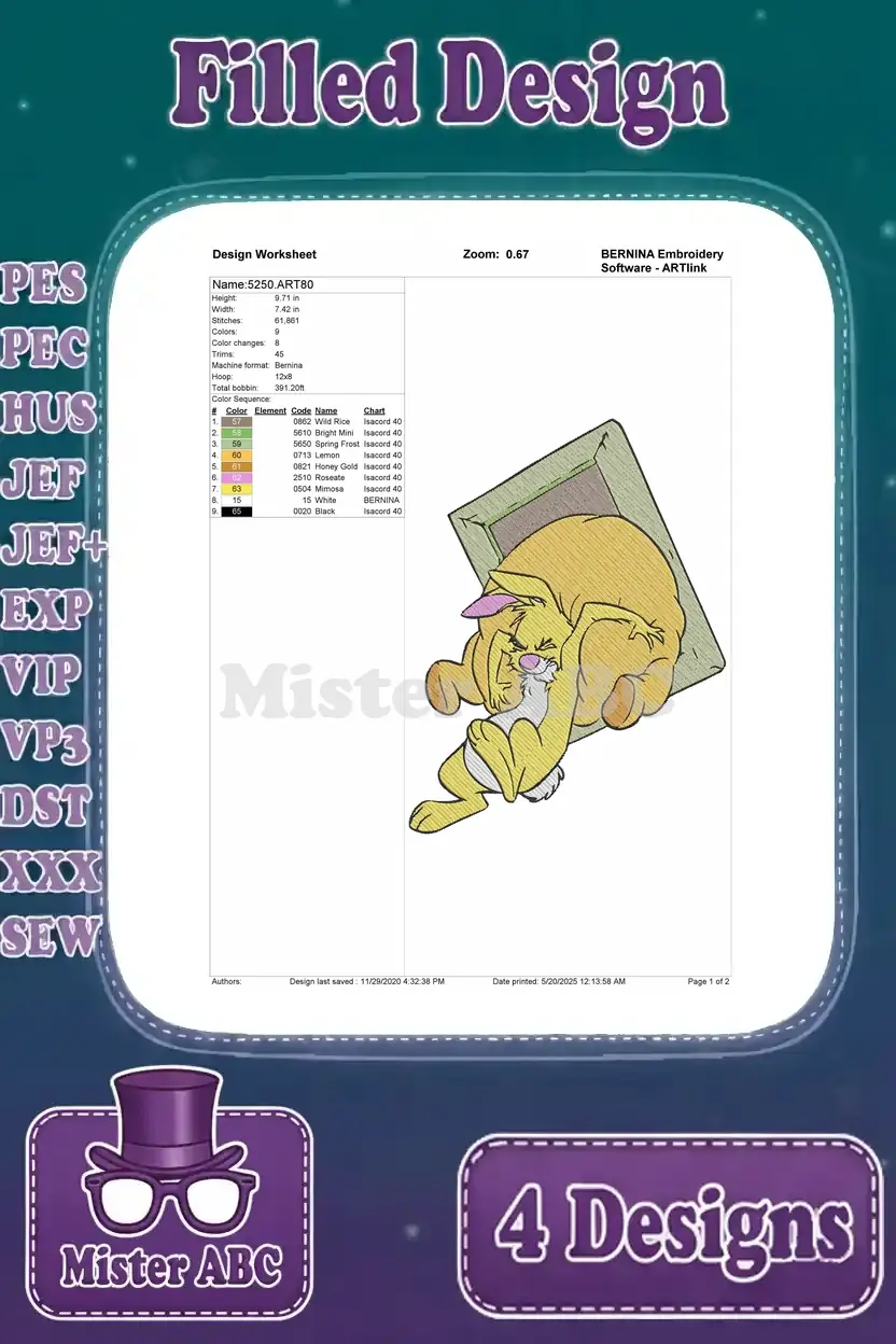 Detailed embroidery worksheet for the sleeping Rabbit design, showing stitch count, colors, and thread chart.