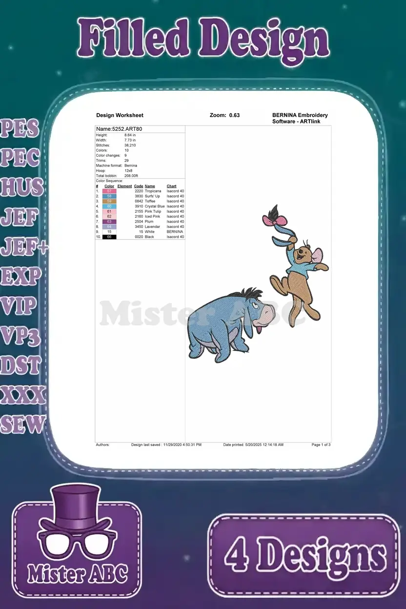 A comprehensive design worksheet for the Eeyore and Roo embroidery, detailing stitch count, color sequence, and thread information.