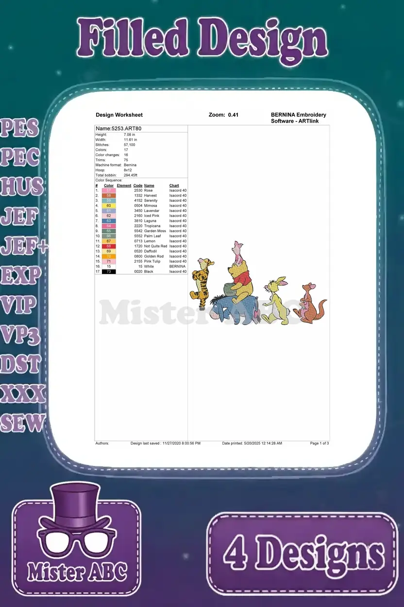 Comprehensive worksheet for the Winnie the Pooh character group design, detailing stitch count, many color changes, and thread info.