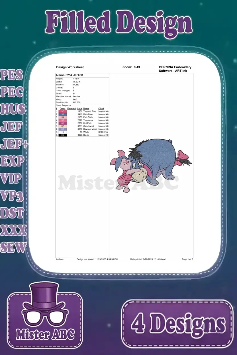 A comprehensive design worksheet for the Piglet and Eeyore embroidery, detailing stitch count, color sequence, and thread information.
