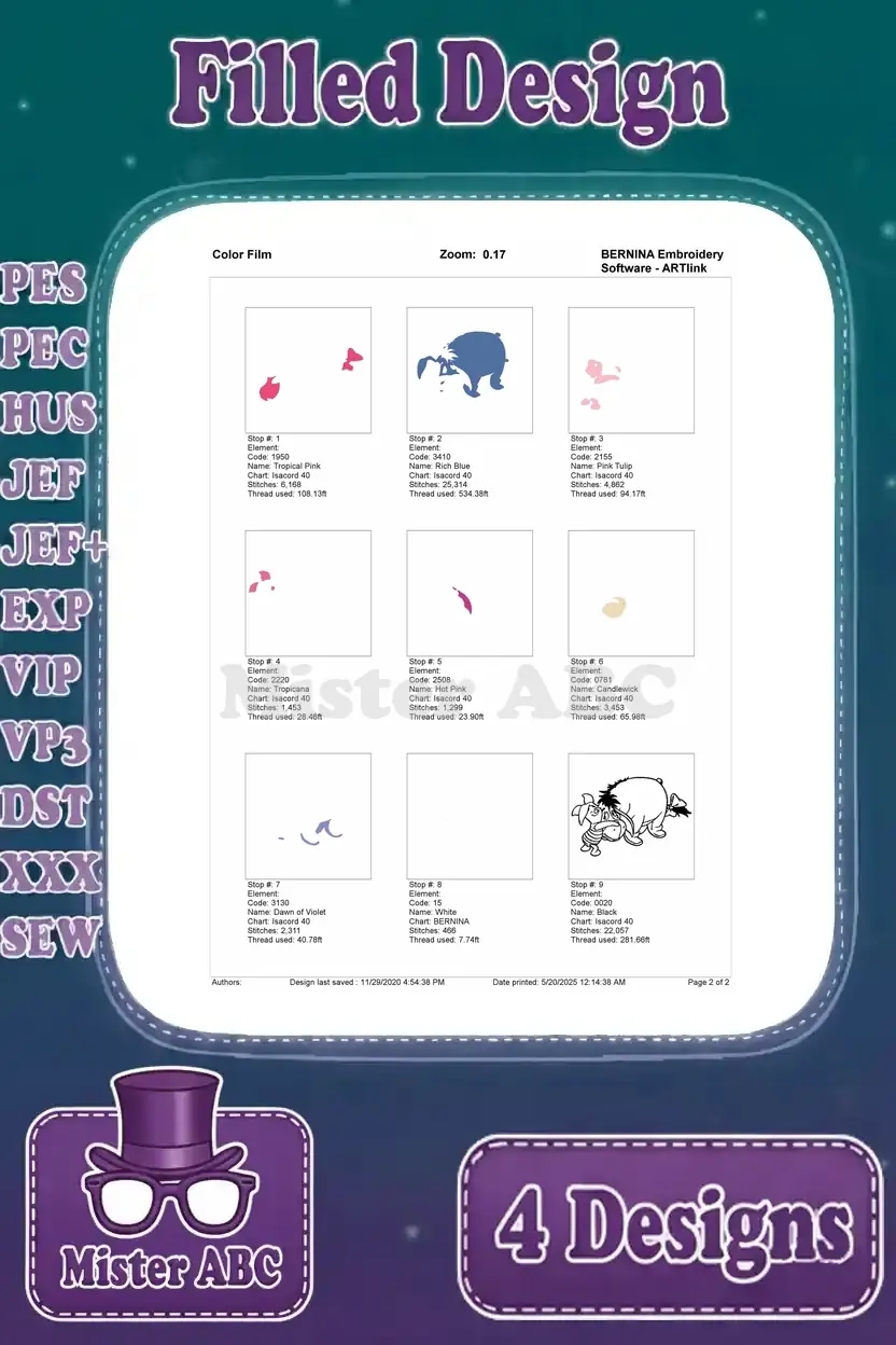 Color film for the Piglet and Eeyore embroidery design, showing each individual color layer and the final stitched outline.