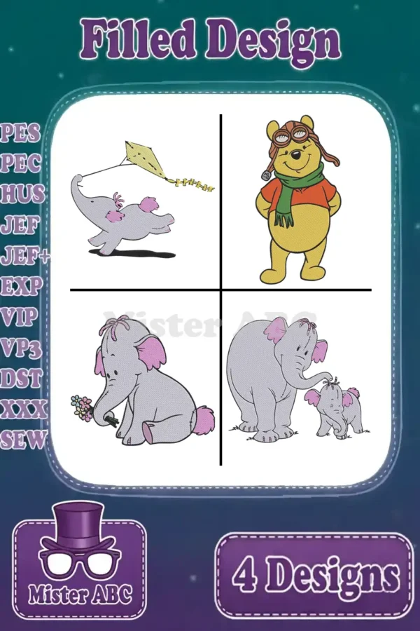 Captivating bundle of four filled embroidery designs: pilot Pooh, kite-flying elephant, floral elephant, and mother & baby elephant.