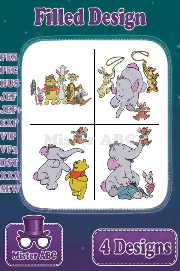 Four vibrant filled embroidery designs featuring Winnie the Pooh, Lumpy, Piglet, Tigger, and friends, showcasing available file formats.