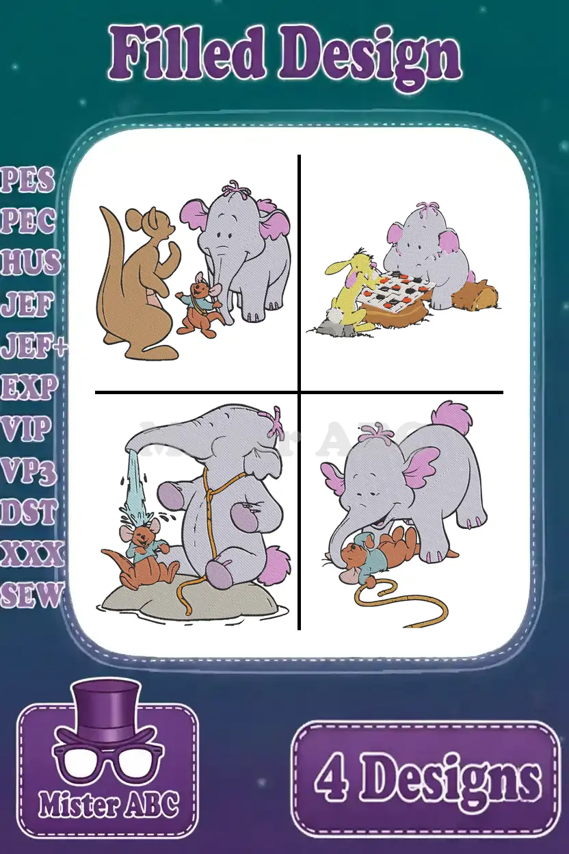 Four vibrant filled embroidery designs of Lumpy, Roo, and Kanga from Winnie the Pooh, showcasing playful scenes. Ideal for apparel.