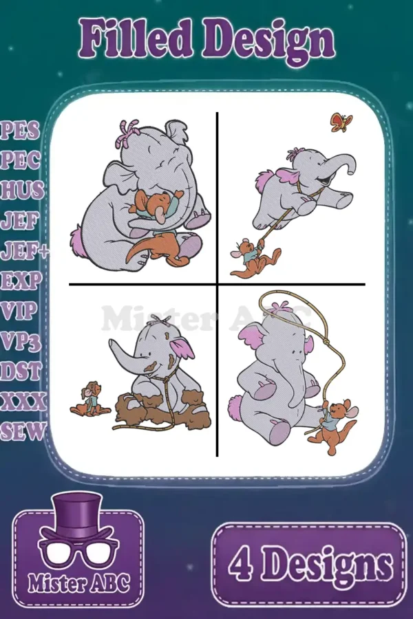 Four distinct filled embroidery designs featuring Lumpy the Heffalump and Roo in various playful scenes.