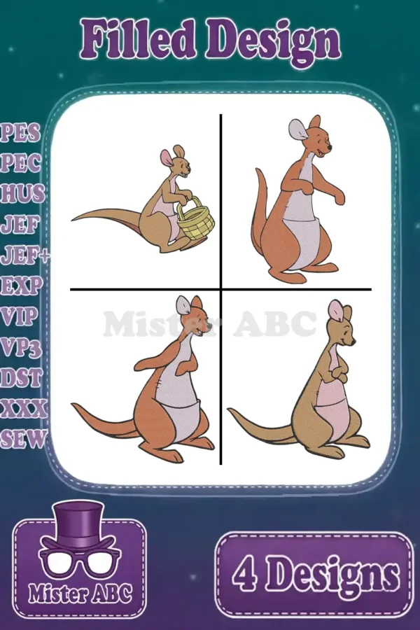 Four adorable filled kangaroo embroidery designs displayed, ready for various machine embroidery projects and creative apparel.