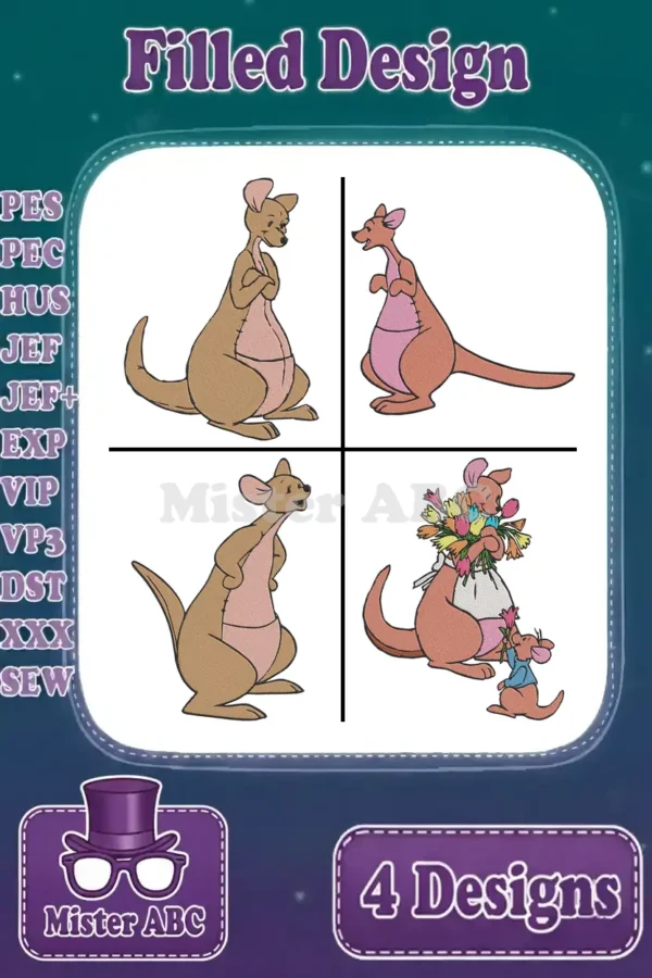 Four adorable filled embroidery designs featuring Kanga and Roo from Winnie the Pooh, showcasing various poses.