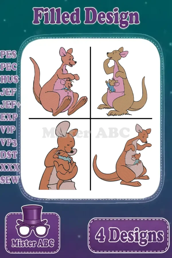 A vibrant display of four unique Kanga and Roo filled embroidery designs, showcasing various poses and stitch formats.