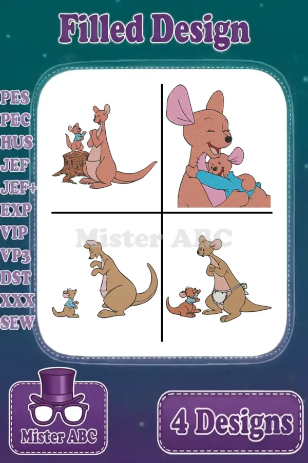 A vibrant main product image featuring four filled embroidery designs of Kanga and Roo in various loving poses.