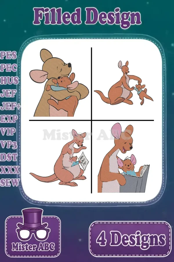 A collage showing four filled embroidery designs of Kanga and Roo, including hugging, playing, reading, and a Mother's Day theme.