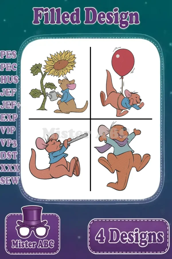 Main image: four filled embroidery designs of Roo from Winnie the Pooh, showcasing playful scenes and supported formats.