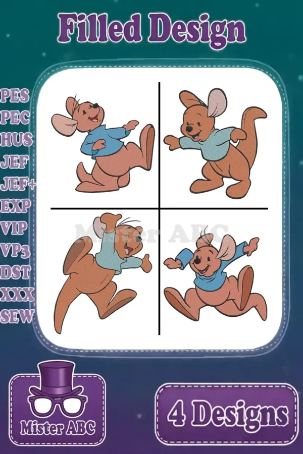 A vibrant display of four filled embroidery designs featuring Roo from Winnie the Pooh in dynamic, playful poses.