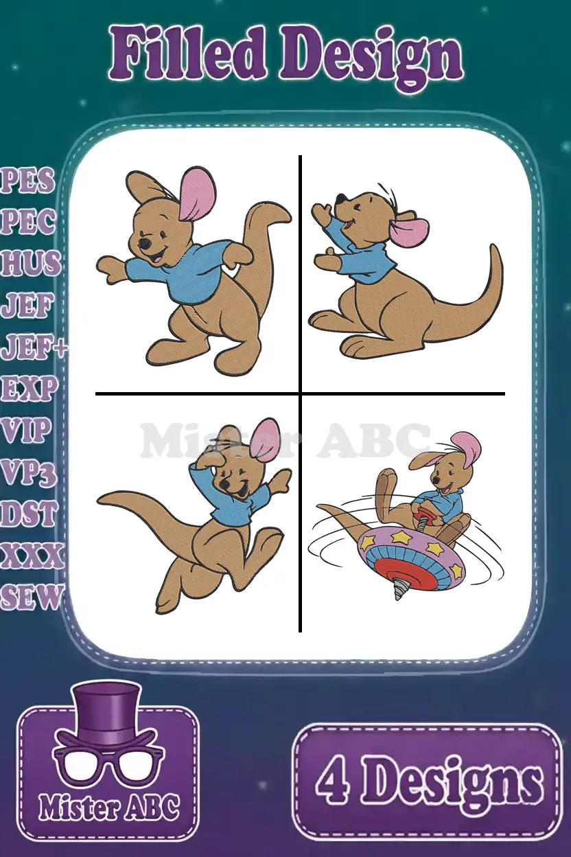 Four vibrant filled embroidery designs of Roo from Winnie the Pooh, showcasing playful poses like jumping and riding a spinning top, ready for machine embroidery projects.