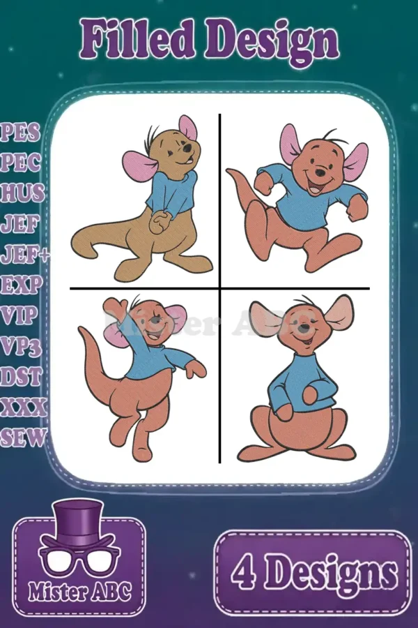 A vibrant display of four filled embroidery designs featuring Roo in various playful poses, ready for diverse projects.