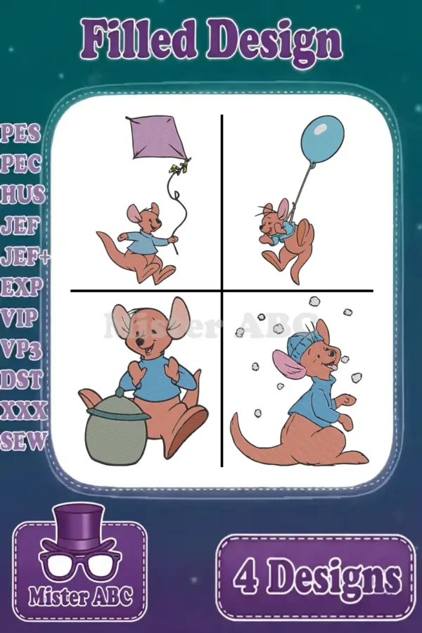 Four delightful embroidery designs featuring Roo from Winnie the Pooh, showcasing various playful poses and activities.