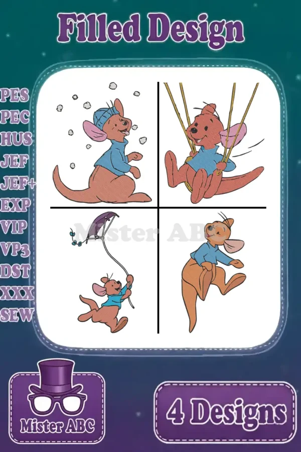A vibrant collage of four filled embroidery designs featuring Roo, the baby kangaroo, in playful poses like swinging and flying a kite.