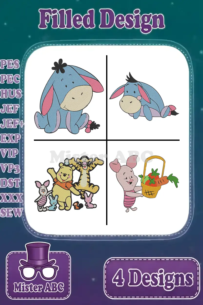 A vibrant collection of four Winnie the Pooh filled embroidery designs, including Eeyore, Piglet, and Pooh with Tigger.