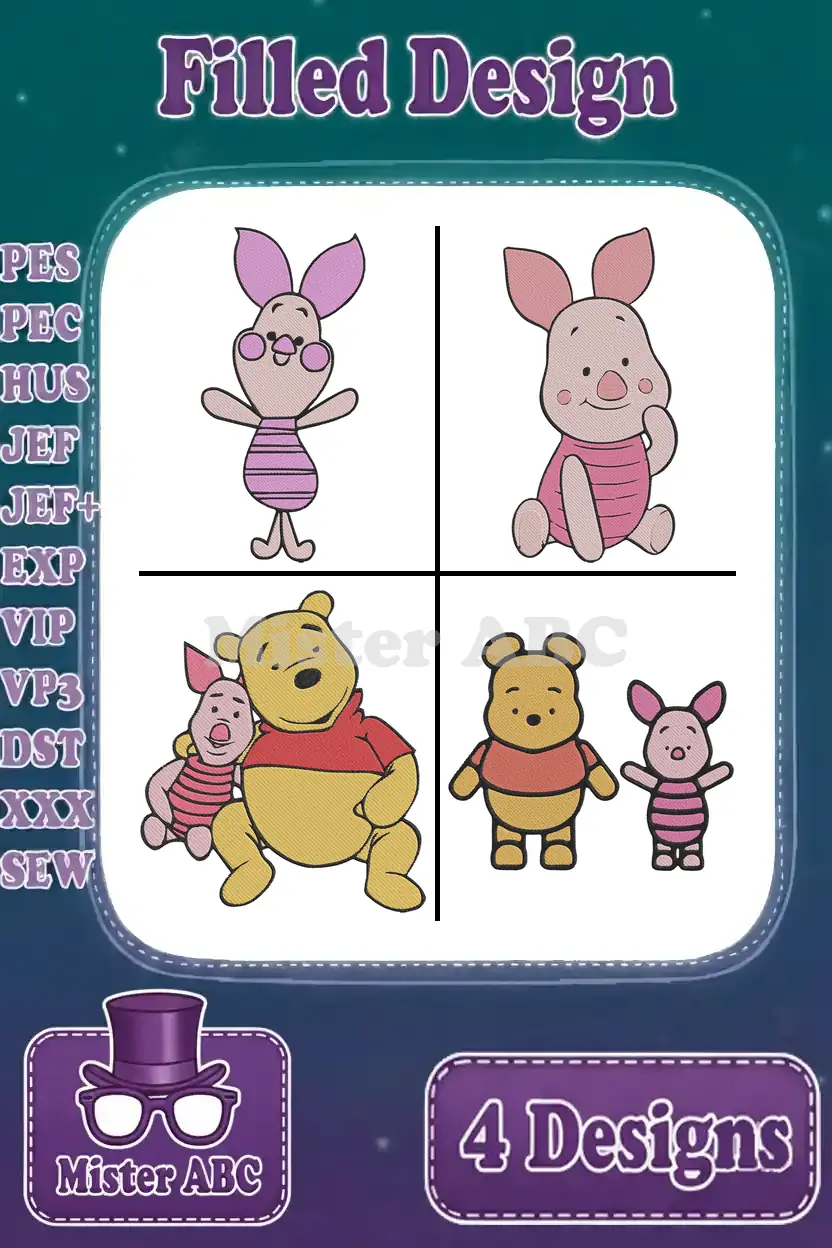 A vibrant collage of four filled embroidery designs featuring Winnie the Pooh and Piglet in various poses.