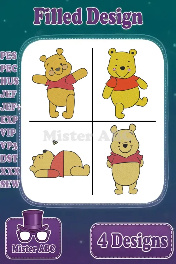 Four charming Winnie the Pooh filled embroidery designs, showcasing various poses and available file formats.