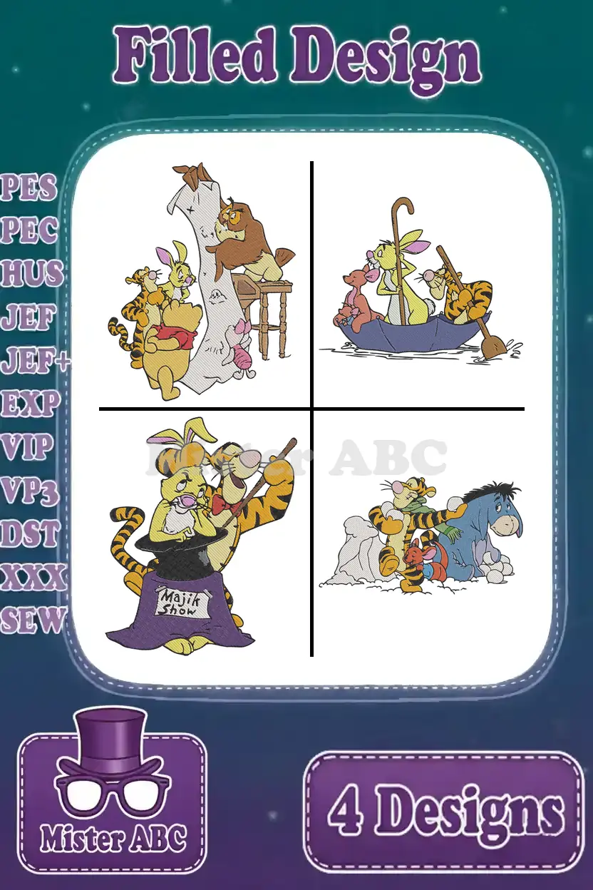 Four vibrant filled embroidery designs featuring Winnie the Pooh, Tigger, Piglet, Eeyore, and friends in charming scenes.