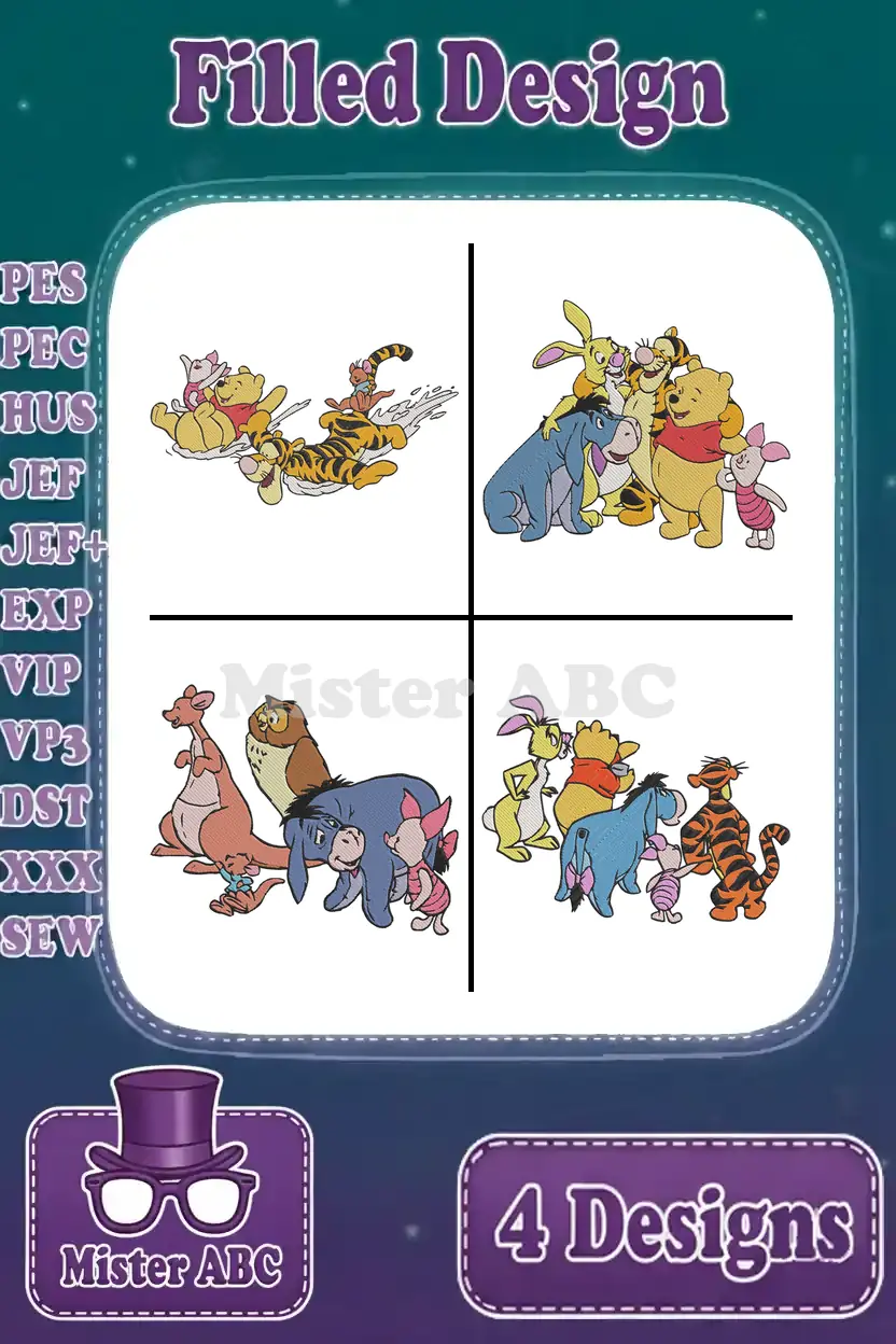 A vibrant collection of four filled embroidery designs featuring Winnie the Pooh, Tigger, Eeyore, Piglet, and friends.